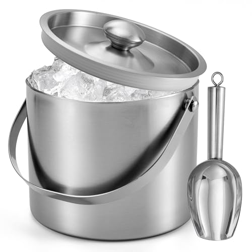 Ice Bucket (3 Liter) Stainless Steel Double Wall Insulated Ice bucket with Lid & Scoop, Ice Buckets for Parties, Handle, Keeps Ice Cold for Hours, Great for Wine, Champagne, Cocktails, Beer (Silver)