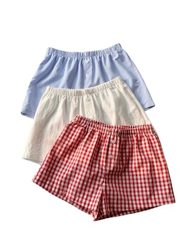 MakeMeChic Women's 3 Pack Linen Shorts Summer Comfy Sleep Pajama Boxer Shorts Plaid-Multicolor Medium