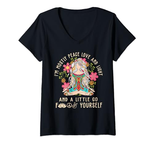 Womens I'm Mostly Peace Love And Light & Little Go F Yourself Yoga V-Neck T-Shirt
