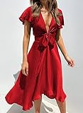 miduo Womens Midi Dresses Satin Wrap Tie V Neck Short Sleeve High Waist Skater A Line Wedding Party Maxi Midi Dresses for New Year Red L