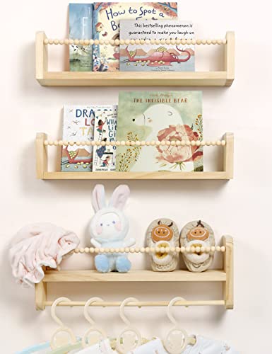 Maxpeuvon Nursery Floating Shelves for Wall, Set of 3 Book Shelves Natural Wood Wall Mounted Organizer with Towel Bar Hanging Bookshelves Nursery Decor for Kids Room, Bedroom and Kitchen