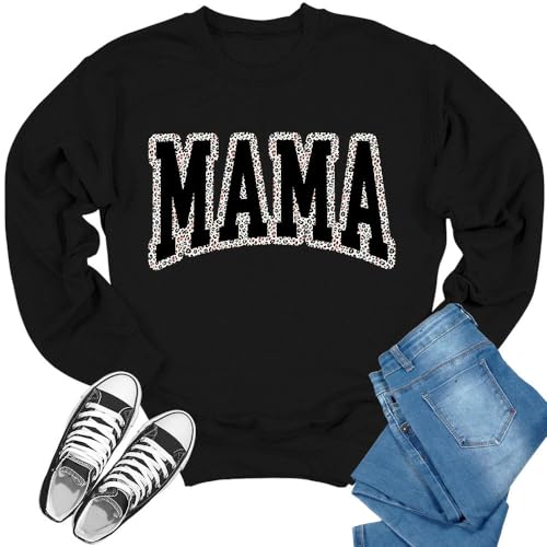 GyftWear Mama Sweatshirt for Women Long Sleeve Pink Leopard Letter Print Graphic Crewnecks, XX-Large, Za - Black