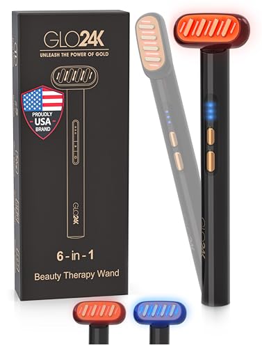 GLO24K 6-IN-1 Beauty Therapy Wand for the Face, Eyes, and Neck. Based on Dual LED Light Therapy, Thermal, Vibration, and Micro-Current Technologies.Skin Rejuvenation