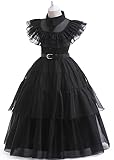 EOILFM Halloween Wednesday Addams Family Dress Costume Cosplay Girls Black Gothic Dress Up Outfit with Belt Party Show for Kids, Girls-L(7-8 Years) (XQS-YDS-03)