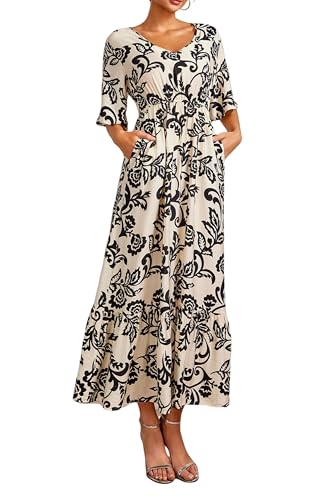 Ystguic Women Fall Summer 3/4 Sleeve Long Maxi V Neck Aline Empire Waist Dresses for Seniors Ladies Rayon Viscose 2025 with Pockets for Casual XX-Large 024 Black Floral XXL