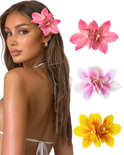 WELROG 3 Pieces Hawaiian Flower Hair Clips for Women - Artificial Tropical Flower Hair Pin Orchid Beach Party Wedding