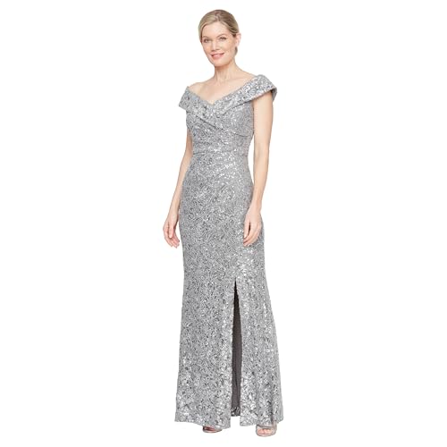 Alex Evenings Women's Off The Shoulder Fit and Flare Dress-Lace and Sequined Elegance for Mother of The Bride or Groom, Pewter Corded