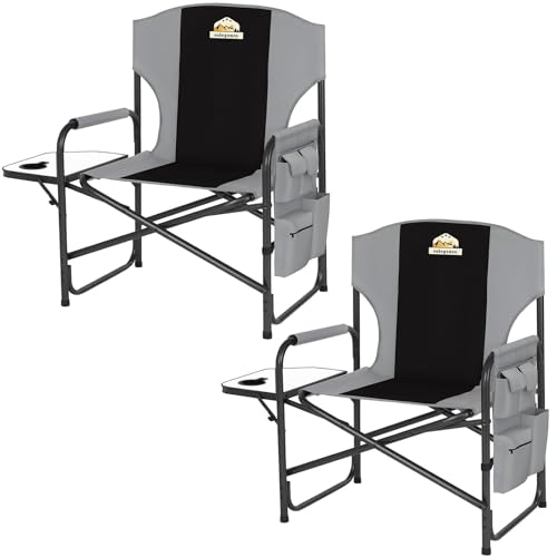 Colegence Oversized Directors Camping Chair Set of 2 Support 600 LBS, Heavy Duty Folding Outdoor Chairs with Detachable Side Pocket and Adjustable Side Table for Outside Beach,Lawn,Fishing (Black)