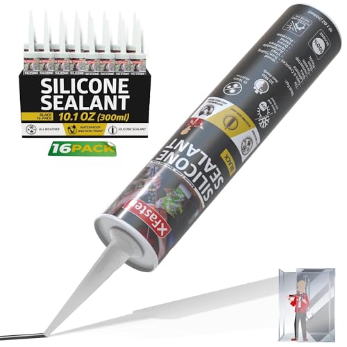 XFasten Black Silicone Caulk 10.1oz (16-Pack 161.6oz Total) Odorless 100% Silicone Black Caulking Waterproof for RV Sealant and Caulking RTV, Marine Aquarium and High Temp Silicone Outdoor Indoor Use