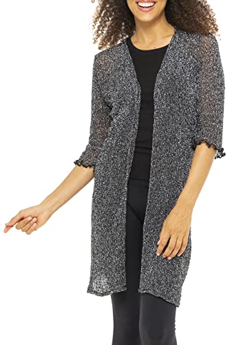 Back From Bali Womens Metallic Sheer Long Cardigan Open Front Shrug Lite Kimono Sweater Lightweight Knit Black Silver