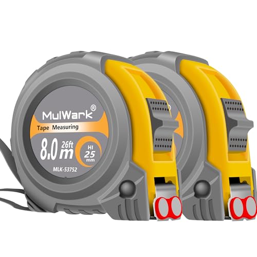 MulWark Pack of 2 26ft Measuring Tape Measure by Imperial Inch Metric Scale with Both-Side Metal Blade, Magnetic Tip Hook, and Shock Absorbent Case for Construction, Carpenter, Architect, Woodworking