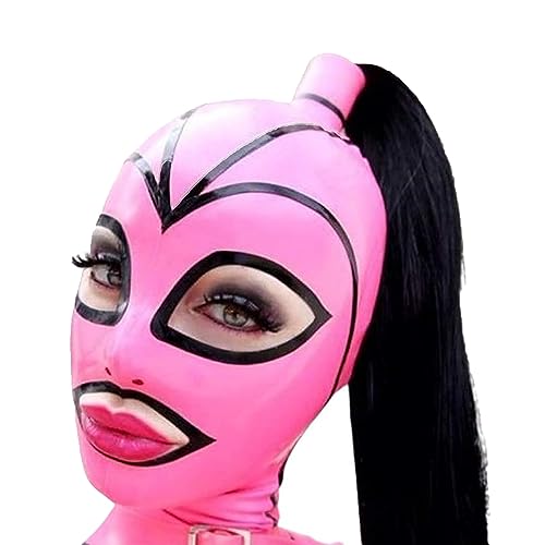 Latex Hood Mask Holiday Rubber Full Face Pink and Black Strips with Ponytail Wig cosplay handmade CF00 (L, Black braid)