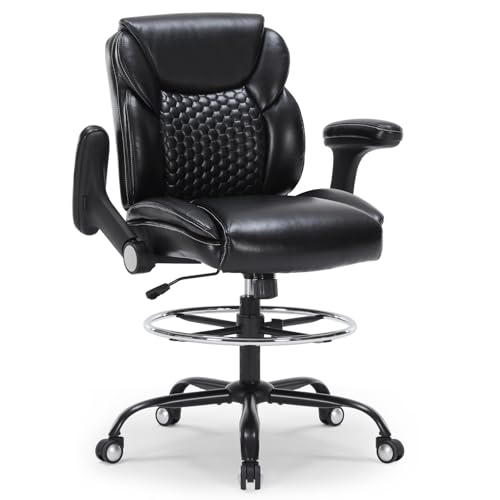 DAONEG Chairoyal Drafting Chair, Ergonomic Tall Office Chair with Soft Adjustable Arms and Foot Ring, PU Leather High Office Chair for Counter Height Desk, Swivel Computer Stool, Black