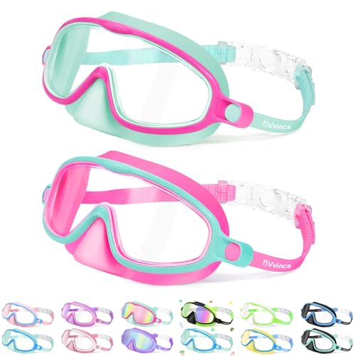 Vvinca 2 Pcs Kids-Swim-Goggles with Nose Cover, Swimming Diving Mask Wide View Anti Fog UV Anti Shattered Lens for Kids 3-5