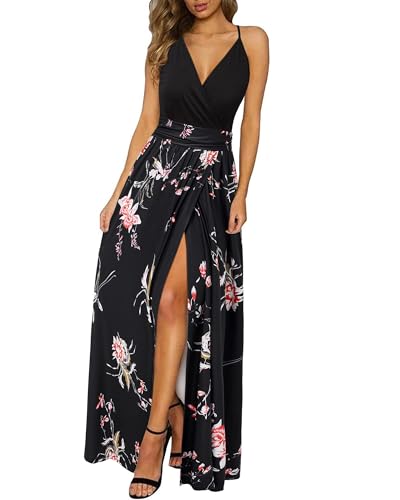 Newshows Womens Dresses Summer 2025 Wedding Guestes V Neck Teacher Outfits Casual Split Teacher Long Flowy Maxi Spring Dress Work(Black Floral Red White, XL)