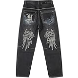 LUOBANIU Men's Hip-hop Embroidered Printed Baggy Jeans Loose Fit Dance Skateboard Denim Long Jeans 1798 Black 34