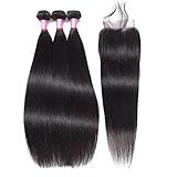 FQ Peruvian Straight Human Hair Bundles with Closure(26 28 30+20 Closure) Unprocessed Virgin Human Hair 3 Bundles with Closure 10A Straight Hair Weave Bundles with Lace Closure Natural Color