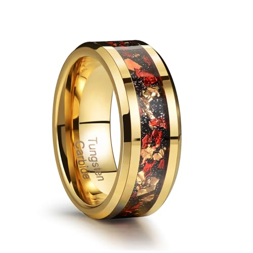 Zillaly Men's 8mm Black/Gold Tungsten Carbide Wedding Ring Nebula Galaxy Wedding Promise Gold Foil Inlay Real Meteorite Matte Bevel Comfort Fit (8mm gold tungsten gold foil, 13)