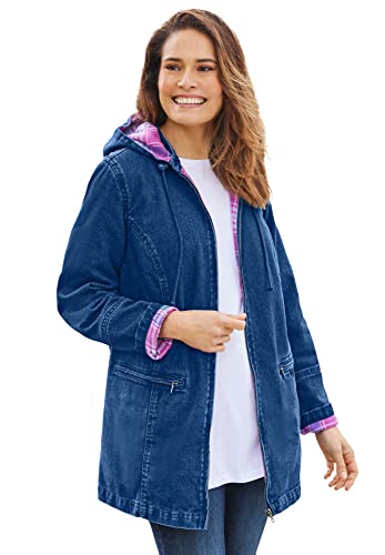 Woman Within Plus Size Flannel-Lined Denim Jacket Removable Hood Long Oversized Jean Coat - 2X, Medium Stonewash Plaid Blue