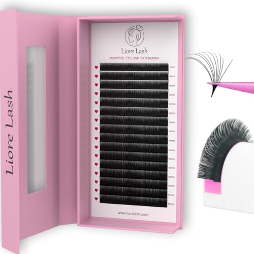 LIORE LASH Easy Fan Cashmere Volume Eyelash Extensions C D L M Curl, 3D Premade, 0.07-0.10, Super Matte Black Individual Lashes Extension Mix Tray 7-15mm (C Curl 0.10)