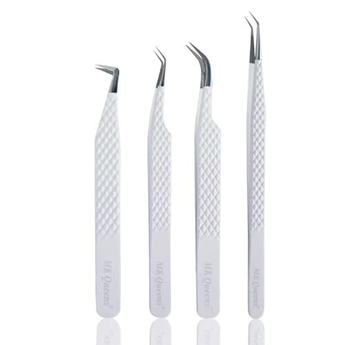 MK Queens Lash Tweezers - Stainless Steel Fiber Tip Eyelash Tweezers (Set of 4) - Diamond Grip Professional Lash Tweezers for Eyelash Extensions (White)