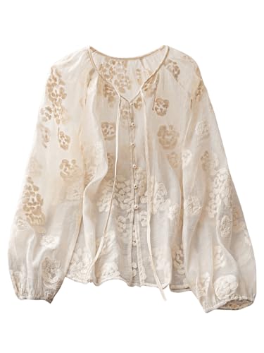 GORGLITTER Women's Floral Embroidery Long Sleeve Boho Tunic Shirt Tie Front Button Up Peasant Blouse Apricot Medium