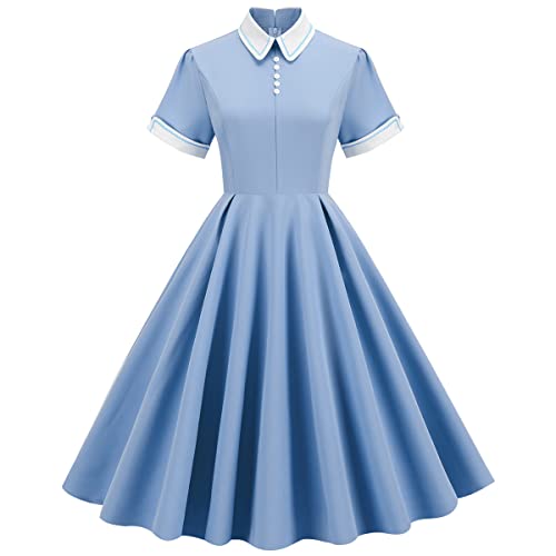 Peter Pan Collar Dress for Women - White Roll Short Sleeve Vintage 1950s Rockabilly Audrey Hepburn Colorblock 50s 60s Cocktail Party Pleated Evening Dress Light Blue XXL