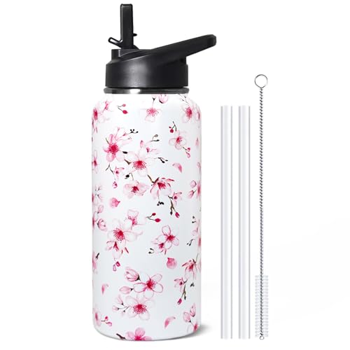 32oz Cherry Blossoms Flip Stainless Insulated Aater Water Bottle with Straw,Pink Cherry Blossoms Floral Gym Hiking Sports Coffee Mug Cup Water Bottles,Cherry Blossoms Decor Stuff Accessories