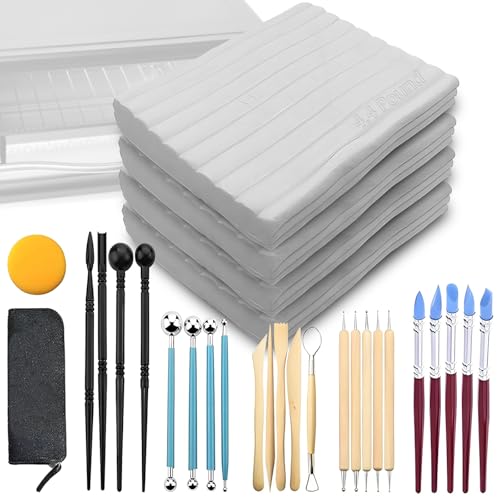 ReArt Oven Bake Polymer Clay White, Non Toxic 4.4Lbs with Pottery Tools & Paint Brushes Great for Modeling, Sculpting, Holiday, DIY Jewelry Making Projects. Great for All Skill Levels (White & Tools)