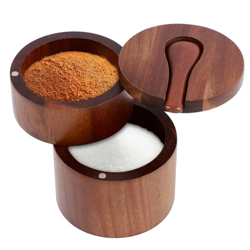 LAINIUTE Acacia Wood Salt Cellar, 2 Layers Salt Container with Built in Spoon and Magnetic Swivel Lid, Small Wooden Box for Keeping Table Salt, Gourmet Salts, Herbs or Favorite Seasonings