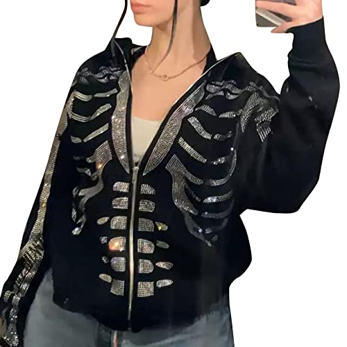 SOLILOQUY Women Y2K Zip-up Hoodie Gothic Rhinestone Graphic Long Sleeve Crop Hooded Jacket Fall Sweatshirt Hoodie Top (M Black Skeleton, S)