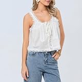 Women Lace Trim Vest Tank Tops Semi Sheer Tie Button Front Crop Y2K Going Out Tops Cute Summer Cami Shirt (US, Alpha, Small, Regular, Regular, White)