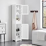 Yaheetech Tall Bathroom Storage Cabinet 67″, Wooden Floor Cabinet with Glass Door, Freestanding Storage Organizer with Adjustable Shelves, 1 Drawer and Open Storage for Bathroom, Kitchen, Living Room