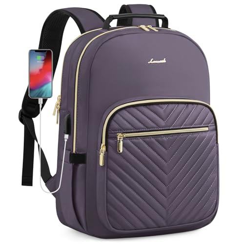 LOVEVOOK Laptop Backpack Purse for Women, Large Capacity Travel Business Computer Work Bag, Quilted Casual Nurse Backpack for Womens, Fit 15.6 Inch Laptop with USB Port, Purple Grey