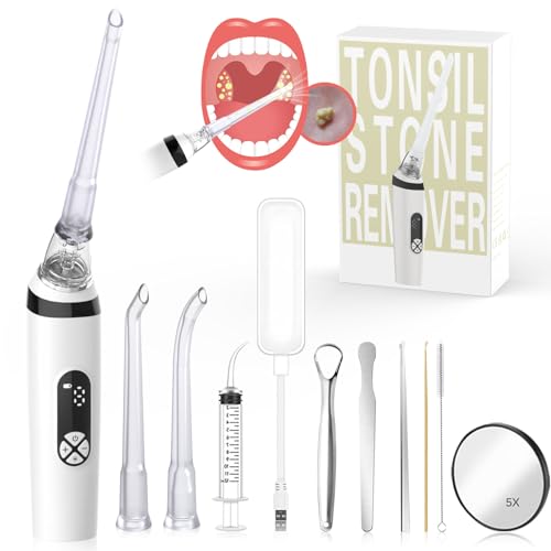 Voraiya Tonsil Stone Remover, Electronic Vacuum Tonsil Stone Removal Kit, 8 Suction Mode, Built-in LED Light, Fight Bad Breath, Oral Irrigator, Tonsil Cleaner, Tongue Scraper (White)
