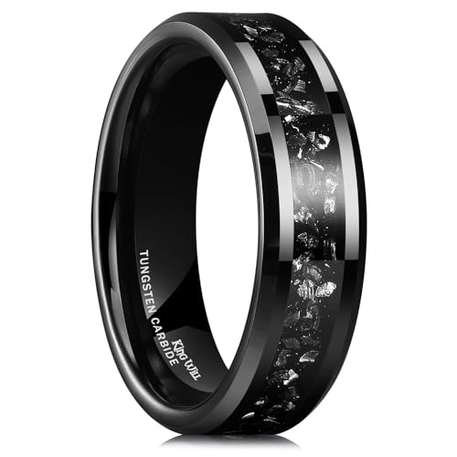 King Will 6mm Mens Meteorite Inlay Rings Tungsten Wedding Bands Engagement Anniversary Ring Comfort Fit, Black, Size 10