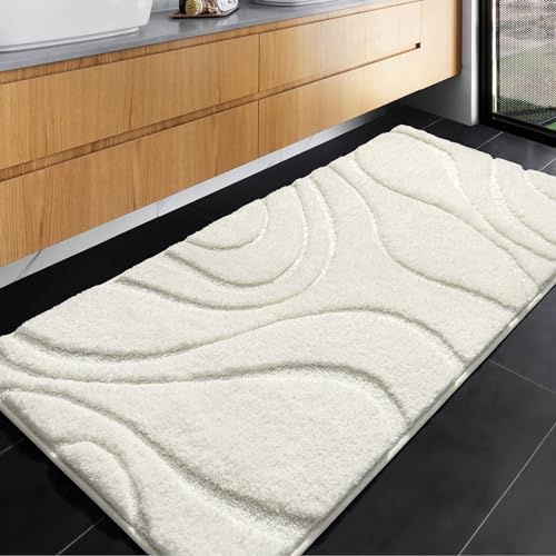 DEXDE Bathroom Rugs Mat, Soft Plush Shaggy Microfiber Bath Rug, Non Slip Bath Mats for Bathroom Runner Floor, Machine Washable Absorbent Carpet for Shower Tub, White 24"x47"