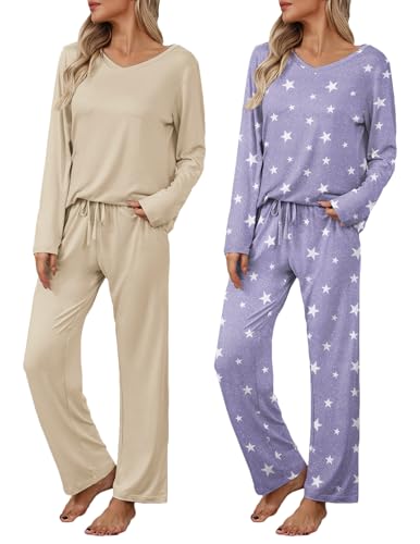 Ekouaer Womens 2 Pack Pajama Set Long Sleeve Pajamas Top and Pants V Neck Pjs Set Soft Loungewear with Pockets