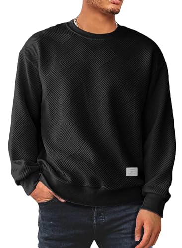 Dokotoo Men Men's Crew Neck Sweatshirts Soild Color Geometric Texture Long Sleeve Casual Pullover Shirts Black 3X-Large