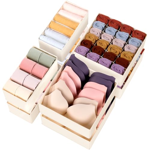 Criusia Underwear Sock Drawer Organizer Dividers 8 Set, Foldable Dresser Closet Organizers and Storage Bins for Baby Clothing, Sock, Underwear, Bra, Ties, Scarf (Beige)