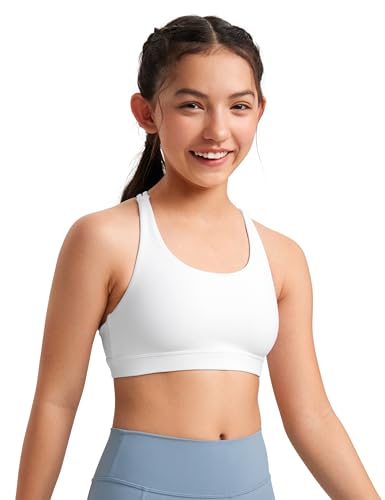 CRZ YOGA Girls Butterluxe Training Bra - Strappy Scoop Neck for Teens Kids Yoga Sports Comfort Dance Crop Top White Medium