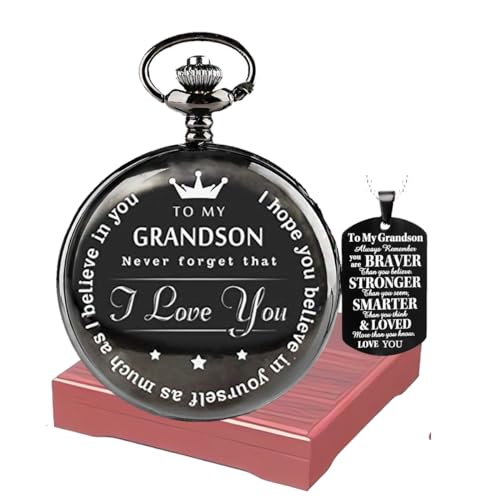 Udaney to My Grandson Pocket Watch with Keychain Set from Grandpa or Grandma, Christmas Birthday Gifts for Grandson