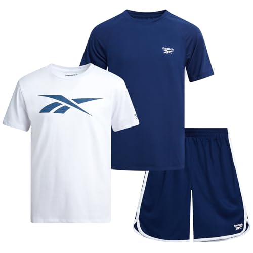 Reebok Boys Athletic Shorts Set - 3 Piece Summer Clothes Outfit with Graphic Tees and Boys Running Shorts for Active Kids, Size 10, Dark Blue