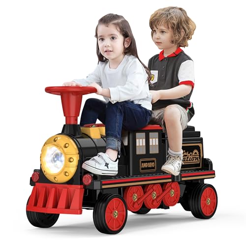 ANPABO 2-Seater Ride On Train Trackless, 12V Kids Car with Height-Adjustable Seat, Extra Storage, Headlight, Train Whistle & Music, Electric Car for Kids 3+ (Carriage Not Included), Red