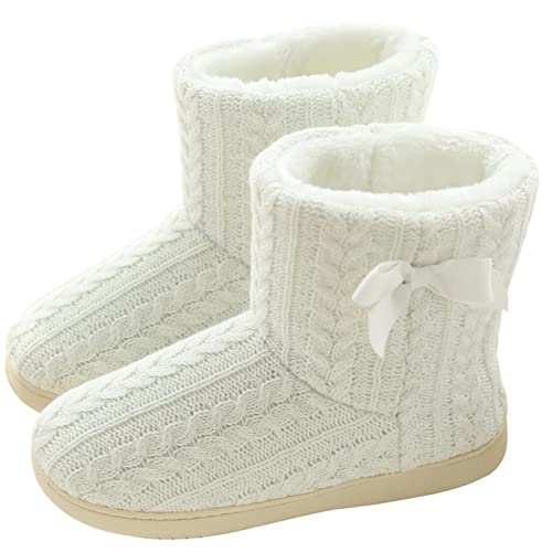 BUGUKI Slipper Boots Women Winter Knit Booties Slippers Ladies Ankle Fur Lined Memory Foam House Shoes Indoor Outdoor White 37 38