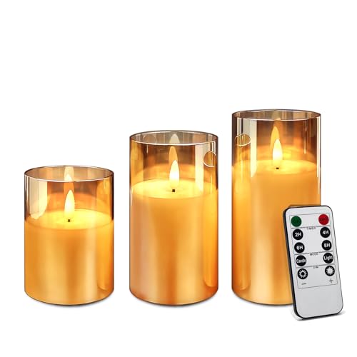 Rikiss Gold Glass Flameless Candles with Remote Battery Operated Flickering LED Pillar Candles Real Wax Wick Φ 3" H 4" 5" 6"