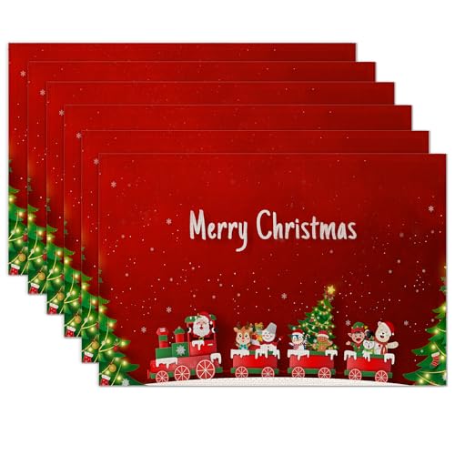 Placemats Set of 6,Christmas Santa Claus Linen Place Mats,Modern Washable Table Placemats 12"x18" Heat Resistant Table Mats for Dining Kitchen Party Holiday Decoration