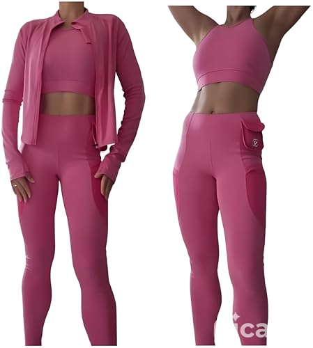 EROSEL Women's 3 Piece Workout Set, Gym Outfits for Women with Sports Bra, Workout Jacket & High-Waisted Leggings,Yoga Outfit, Activewear Set, Women Sports Set, Compression Fit,Yoga Outfit