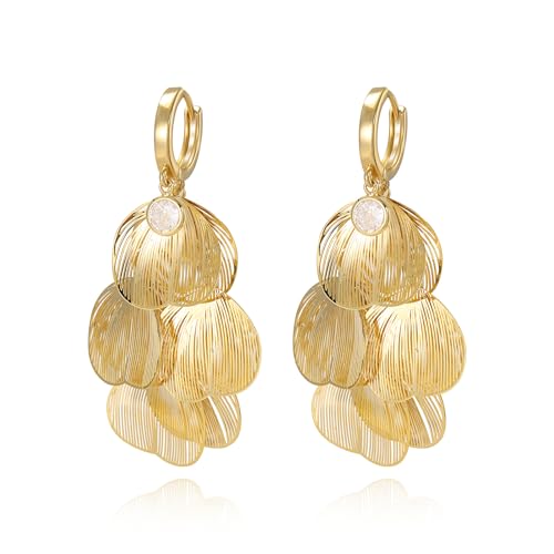 WASAIE Boho Flower Layered Floral Leaf Drop Dangle Earring For Women,Metal CZ Gold Lightweight Flower Bohemian Gold Petal Exaggerated Jewelry Earrings For Women Brides Party Prom Wedding