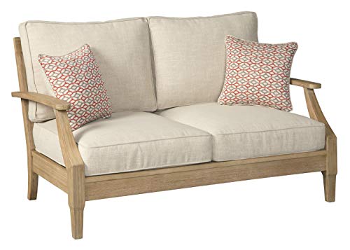 Signature Design by Ashley Clare View Coastal Outdoor Patio Eucalyptus Loveseat with Cushions, Beige